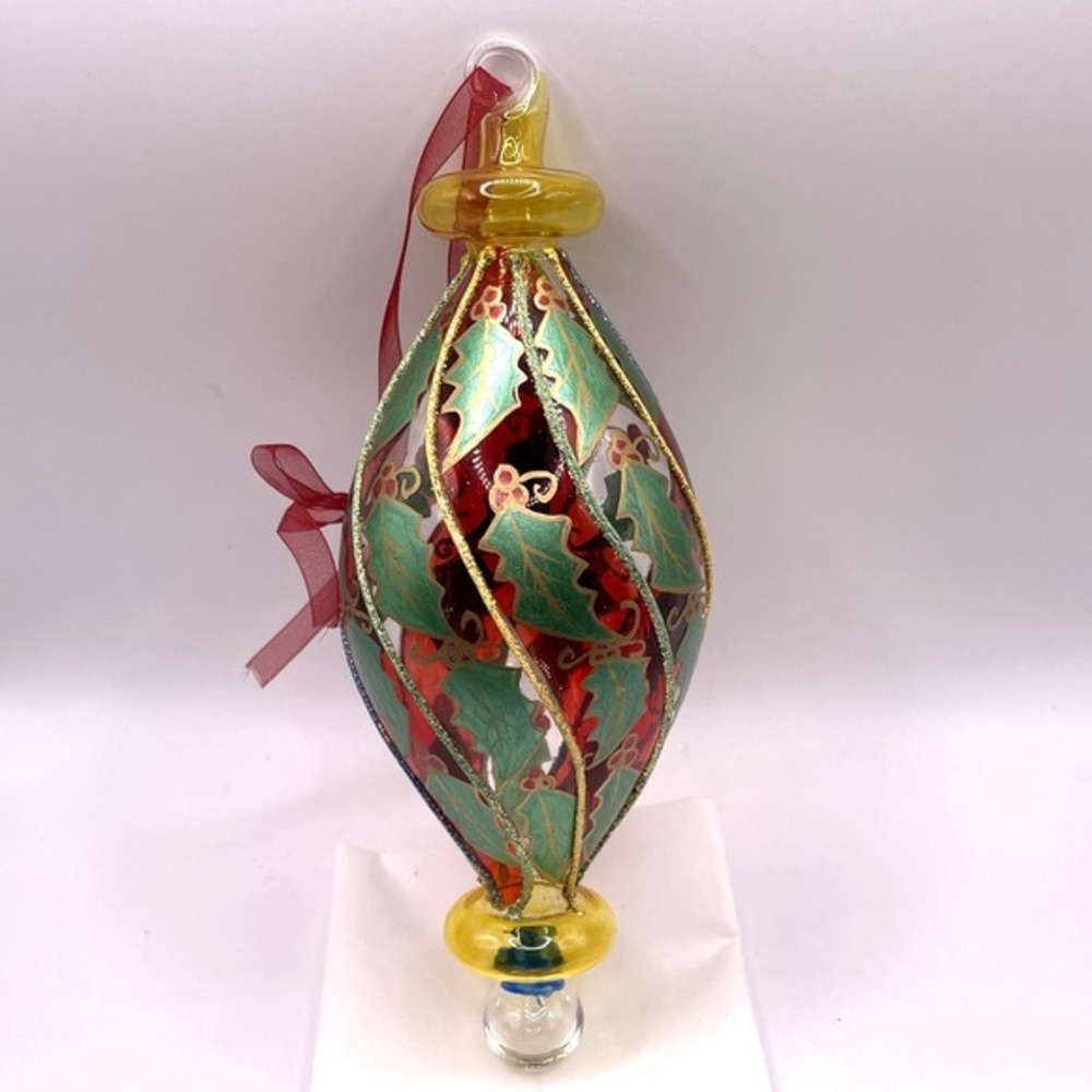 Hand Blown Art Glass Finial Ornament 7" Multicolor Swirl Holly Berries Christmas